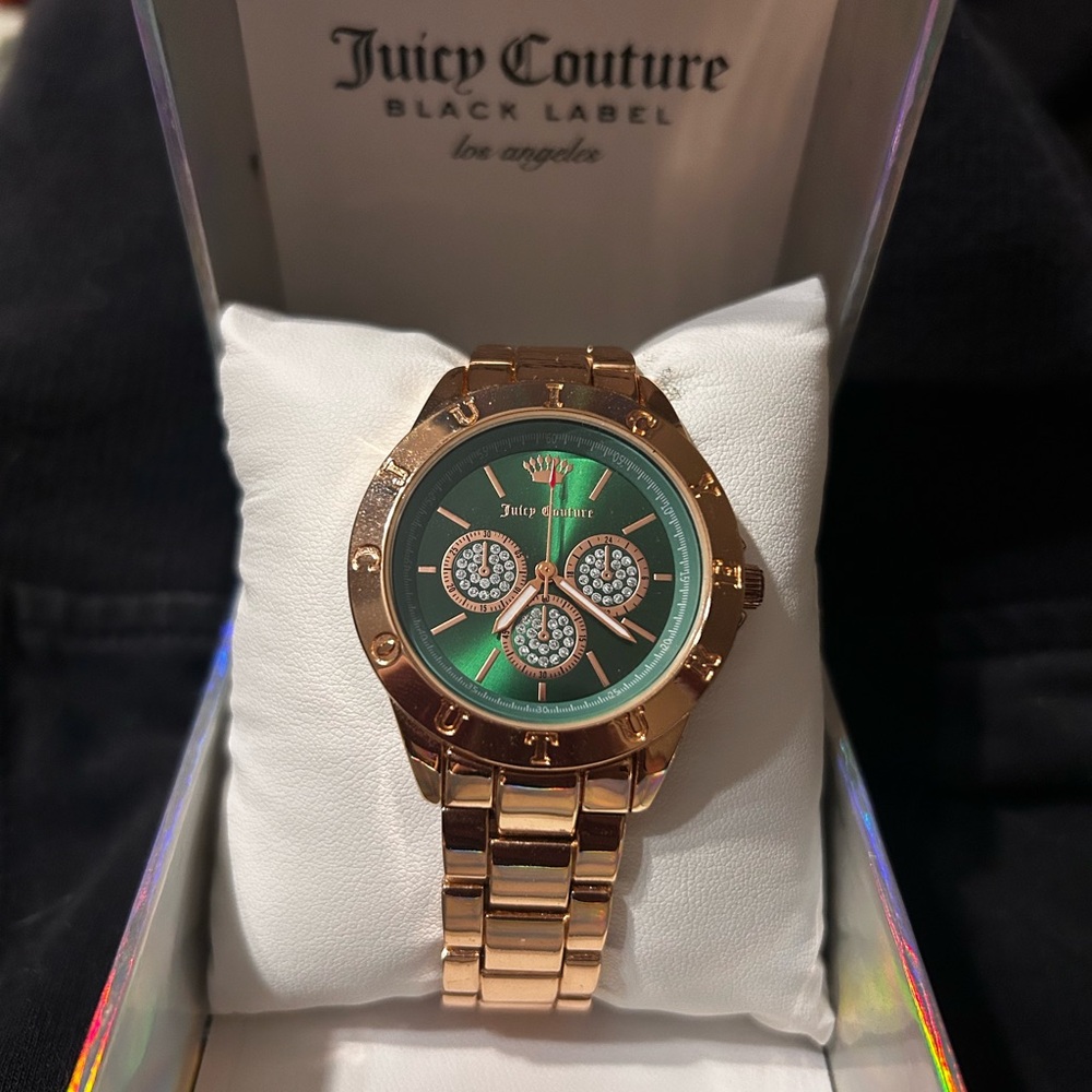 Juicy Couture Stainless Steel Gold Wrist Watch Green Face & Rhinestones UNTESTED